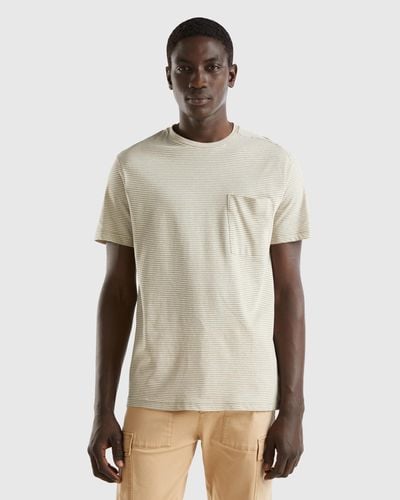 Benetton Striped T-shirt In Linen Blend - Natural