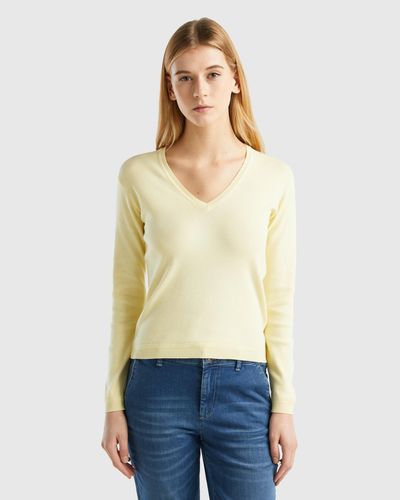 Benetton V-neck Jumper In Pure Cotton - Yellow