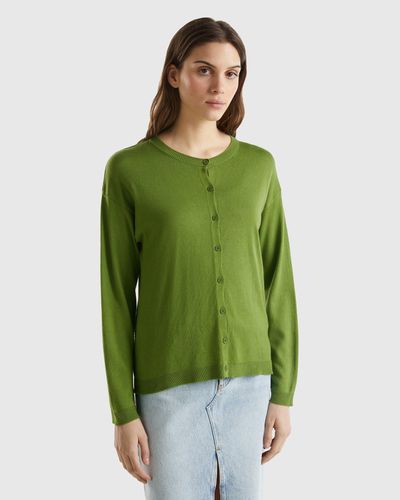 Benetton Crew Neck Cardigan With Buttons - Green