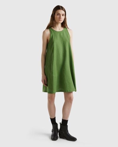 Benetton Sleeveless Dress In Pure Linen - Green