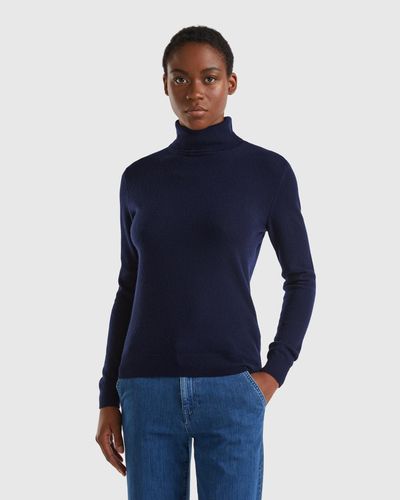 Benetton Maglione Dolcevita Blu Scuro In Pura Lana Merino