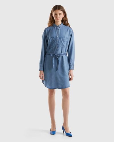 Benetton Short Shirt Dress In Sustainable Viscose - Blue