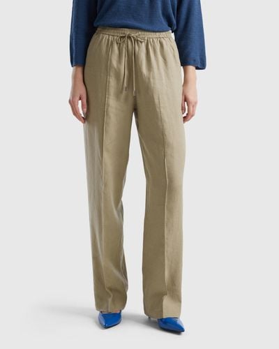 Benetton Trousers In Pure Linen With Elastic - Black