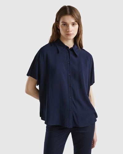 Benetton Short Sleeve Shirt In Sustainable Viscose - Blue