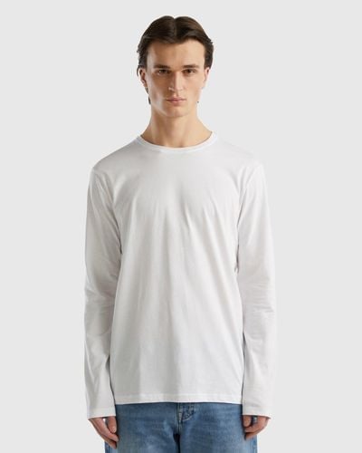 Benetton T-shirt À Manches Longues En Pur Coton - Blanc