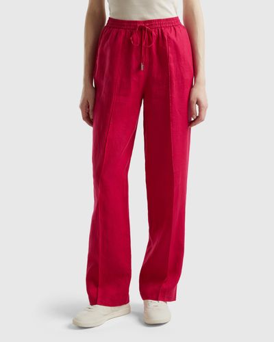Benetton Trousers In Pure Linen With Elastic - Red