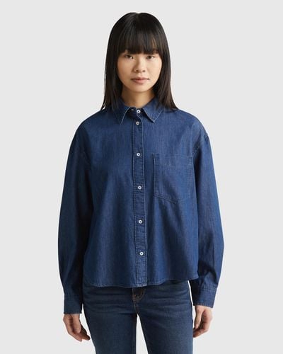Benetton Camicia Cropped In Chambray - Blu