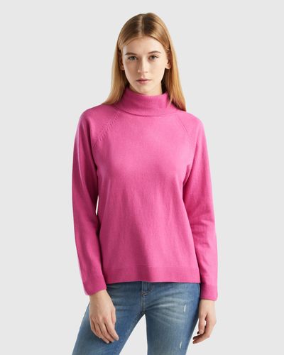 Benetton Pink Turtleneck Jumper In Cashmere And Wool Blend