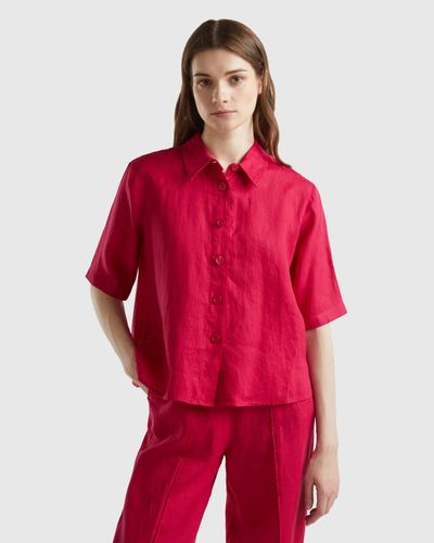 Benetton Camisa Corta De Puro Lino - Rojo