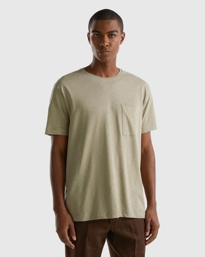 Benetton T-shirt In Linen Blend With Pocket - Black