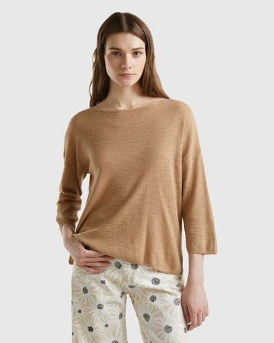 Benetton Jumper In Linen Blend With 3/4 Sleeves - Natural