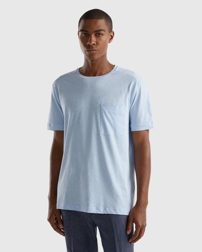Benetton T-shirt In Linen Blend With Pocket - Blue