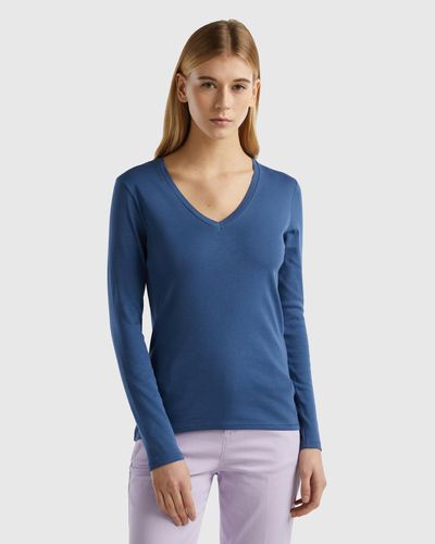 Benetton Camiseta De Manga Larga Con Escote De Pico - Azul