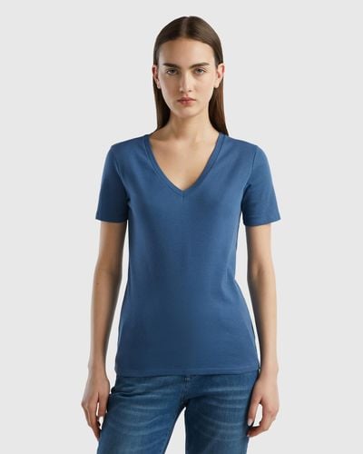 Benetton T-shirt En Pur Coton Col V - Bleu