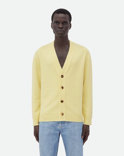 Bottega Veneta Cardigan In Cashmere Con Applicazioni In Pelle Intrecciato - Giallo