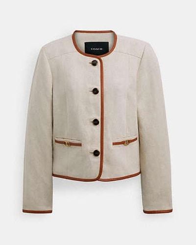 COACH Heritage C Canvas Cardigan Jacket With Leather Trim - White