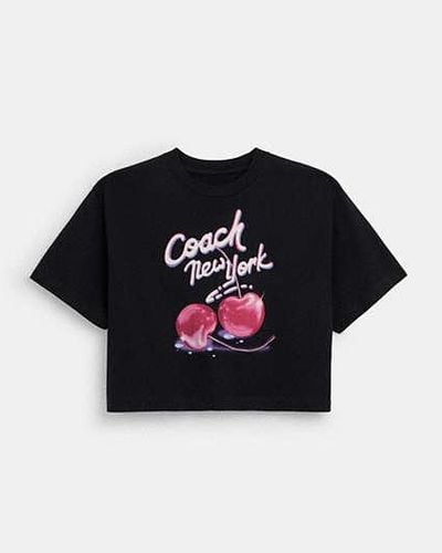 COACH Airbrushed Cherry Print Cropped T Shirt - Black
