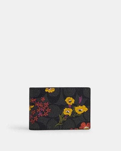 COACH Compact Billfold Wallet In Signature Canvas With Floral Print - Black