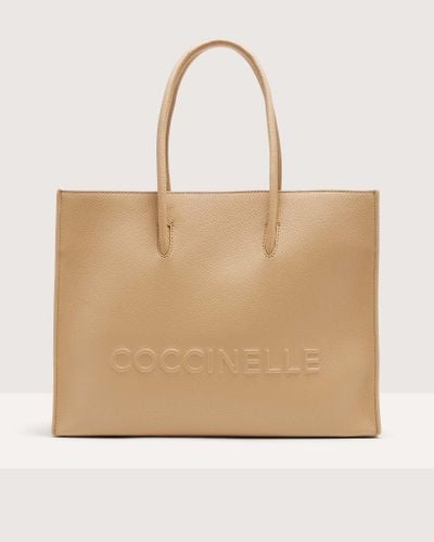 Coccinelle Grained Leather Handbag Myrtha Maxi Logo Medium - Natural