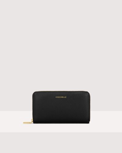Coccinelle Große Brieftasche aus genarbtem Leder mit umlaufendem Reißverschluss Metallic Soft - Schwarz