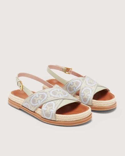 Coccinelle Jacquard Fabric And Smooth Leather Low-Heeled Sandals Monogram Ribbon - Metallic
