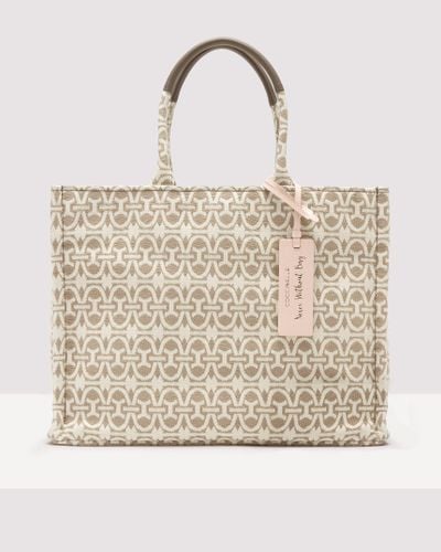 Coccinelle Jacquard Fabric And Grained Leather Handbag Never Without Bag Monogram Medium - Natural
