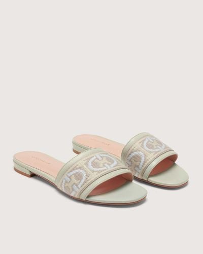 Coccinelle Jacquard Fabric And Smooth Leather Low-Heeled Sandals Monogram Ribbon - White