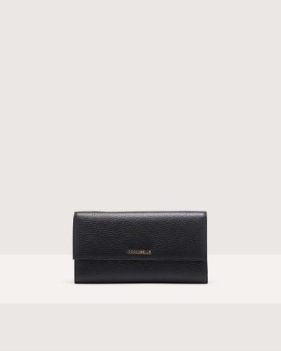 Coccinelle Grained Leather Wallet With Little Strap Metallic Soft - Black