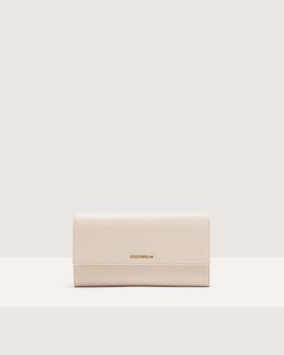 Coccinelle Grained Leather Wallet With Little Strap Metallic Soft - Natural