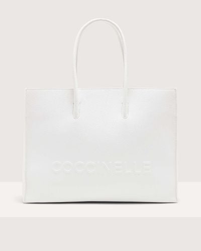 Coccinelle Grained Leather Handbag Myrtha Maxi Logo Medium - White