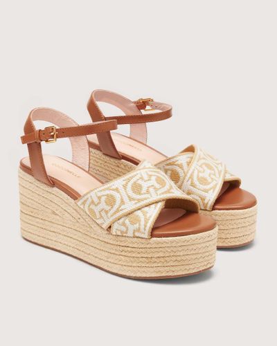 Coccinelle Jacquard Fabric And Smooth Leather Wedge Sandals Monogram Ribbon - Metallic