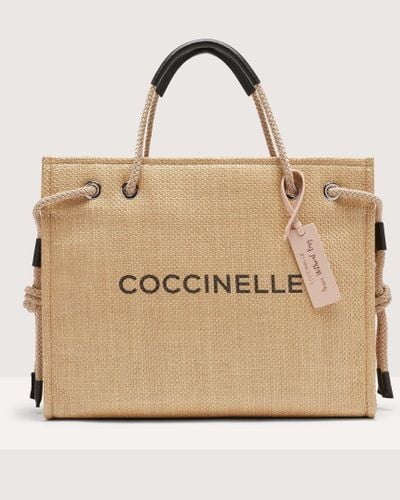 Coccinelle Raffia Handbag Never Without Bag Straw Logo Print Large - Natural