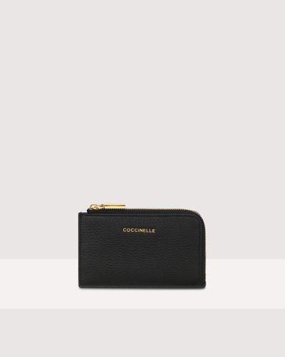 Coccinelle Grained Leather Card Holder Metallic Soft - Black