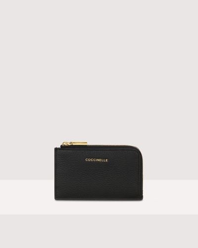 Coccinelle Grained Leather Card Holder Metallic Soft - Black