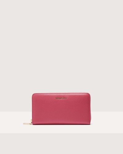 Coccinelle Große Brieftasche aus genarbtem Leder mit umlaufendem Reißverschluss Metallic Soft - Pink