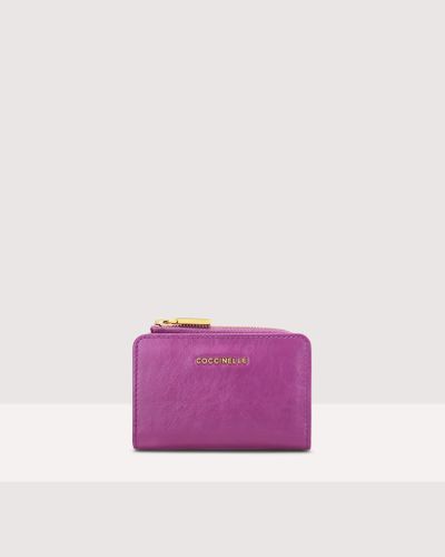 Coccinelle Craquelé Leather Card Holder Metallic Rock - Purple