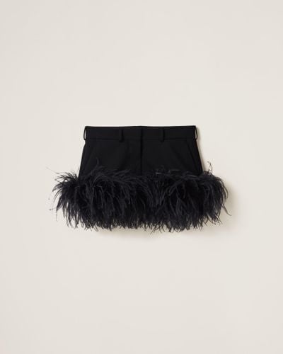 Miu Miu Feather-Trimmed Grain De Poudre Miniskirt - Black