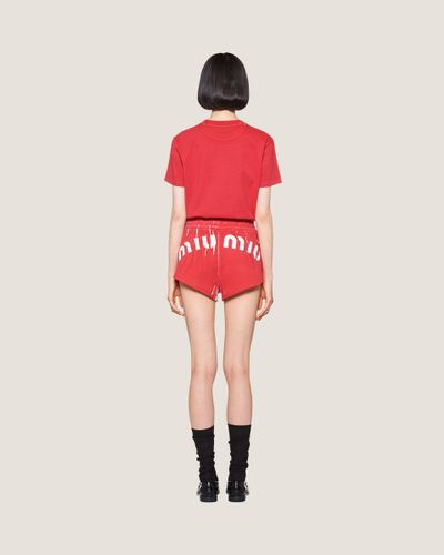 Miu Miu Printed Cotton Fleece Shorts With Logo - Red