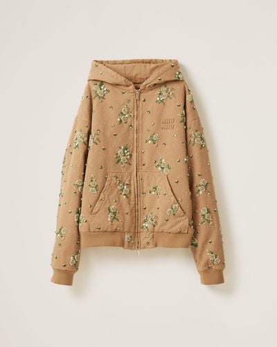 Miu Miu Embroidered Garment-Dyed Gabardine Blouson Jacket - Natural