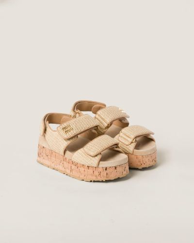 Miu Miu Raffia-Effect Woven Fabric Flatform Sandals - Natural