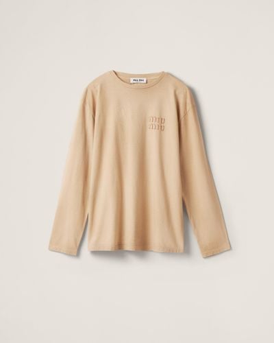 Miu Miu Garment-Dyed Cotton Jersey T-Shirt - Natural