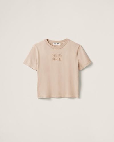 Miu Miu Garment-Dyed Jersey T-Shirt With Embroidered Logo - Natural