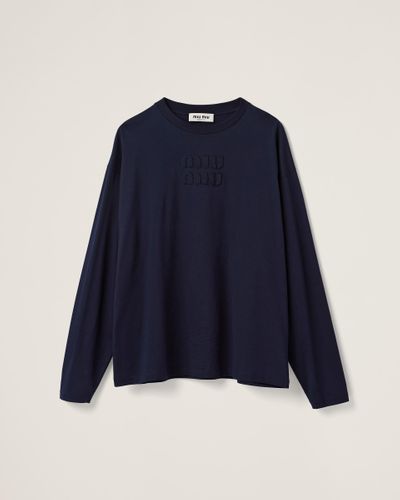 Miu Miu Cotton T-shirt With Embroidered Logo - Blue