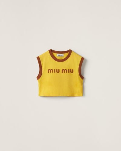 Miu Miu Cotton Jersey Top With Embroidered Logo - Yellow
