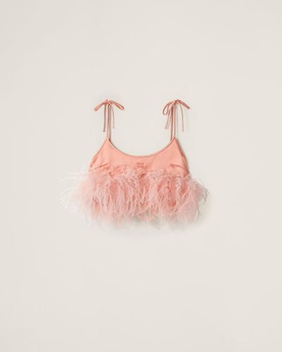 Miu Miu Feather-trimmed Satin Top - Pink