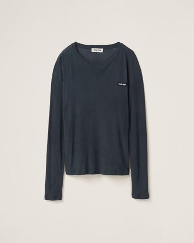 Miu Miu Long-sleeved Garment-dyed Ribbed Knit Jersey T-shirt - Blue