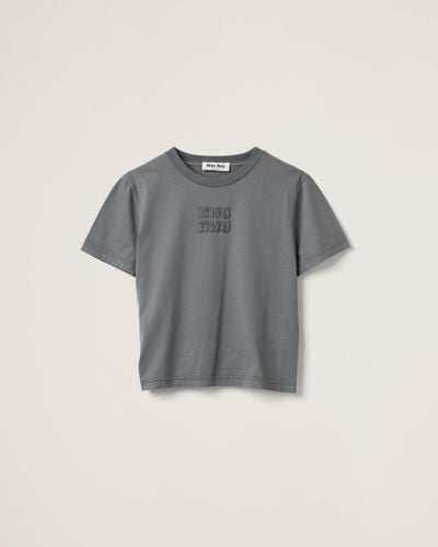Miu Miu Garment-dyed Jersey T-shirt With Embroidered Logo - Gray