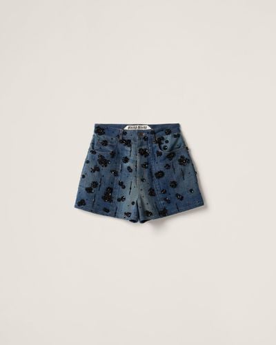 Miu Miu Embellished Denim Shorts - Blue