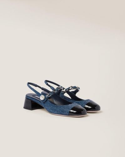 Miu Miu Denim And Patent Leather Slingback Court Shoes With Artificial Crystals - Blue