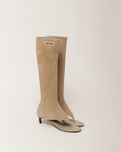 Miu Miu Suede Thong Boots - Natural